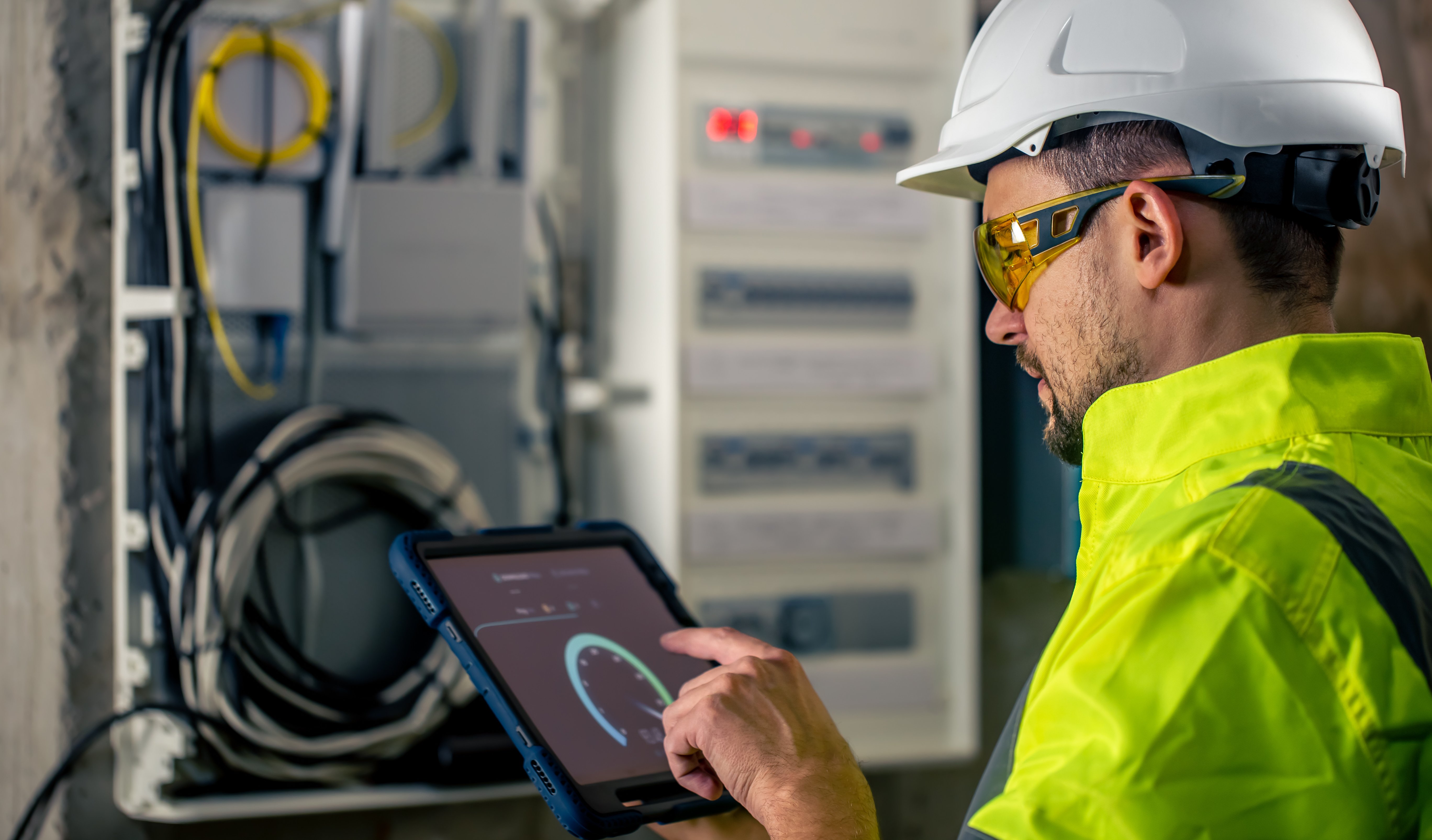 man-electrical-technician-working-switchboard-with-fuses-uses-tablet